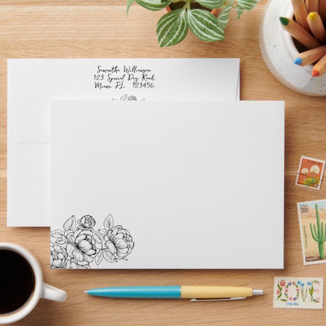 Elegant Black White Simple Boho Floral Wedding Envelope (Desk)
