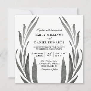 Elegant Black & White Simple Leaf Wedding Wreath Invitation
