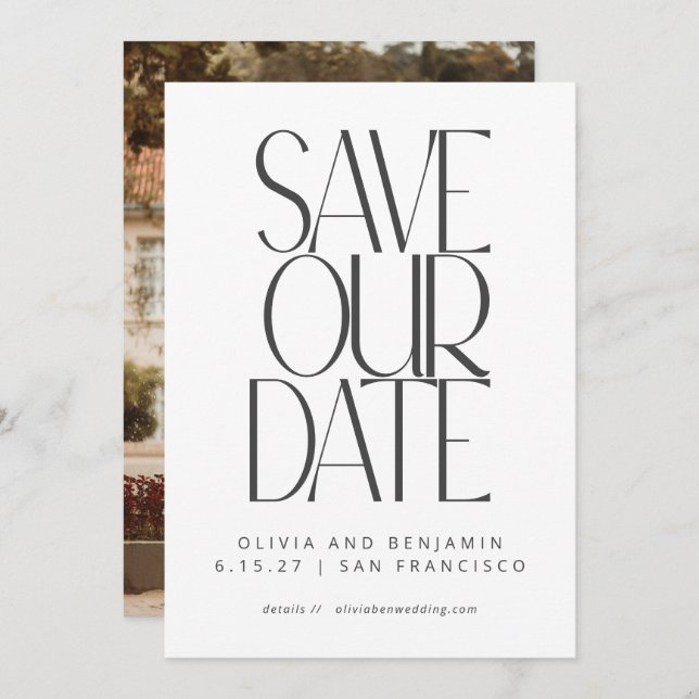 Elegant Black White Simple Modern Trendy Photo  Save The Date (Front/Back)