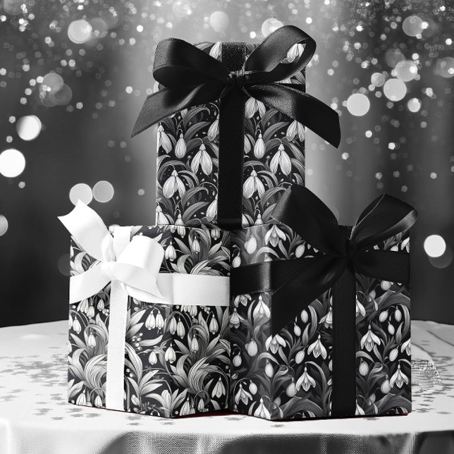 Elegant Black | White Snowdrops Floral Patterns Wrapping Paper Sheet (Elegant  Black and White Snowdrops Floral Pattern Trio Wrapping Paper Sheets)