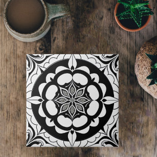 Elegant Black White Square Mandala Illustration Tile