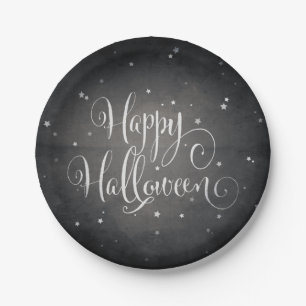 Elegant Black + White Stars Happy Halloween Party Paper Plate