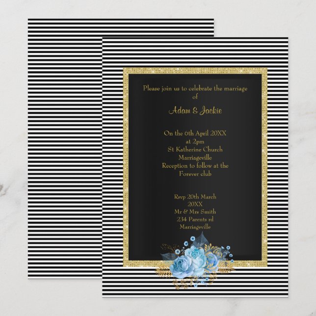 ELEGANT BLACK WHITE STRIPE BLUE BOUQUET WEDDING INVITATION (Front/Back)