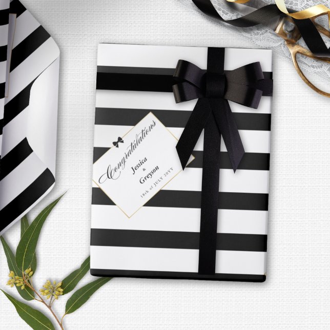 Elegant Black White Stripe Gold Frame Wedding Gift Wrapping Paper (Creator Uploaded)