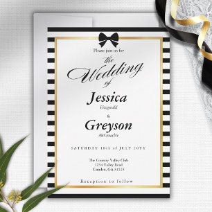 Elegant Black White Stripe Gold Frame Wedding Invitation
