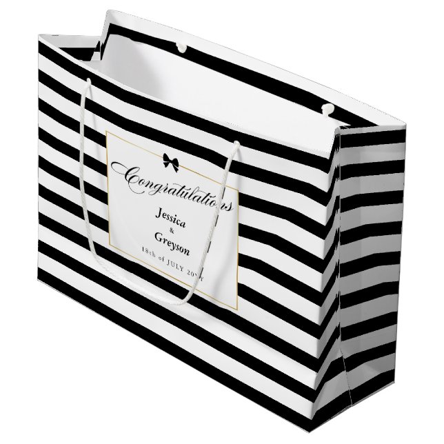 Elegant Black White Stripe Gold Frame Wedding Large Gift Bag (Front Angled)