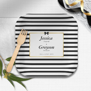 Elegant Black White Stripe Gold Frame Wedding Paper Plate