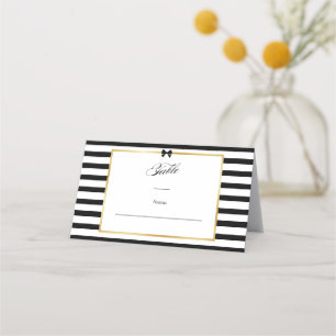 Elegant Black White Stripe Gold Frame Wedding Place Card