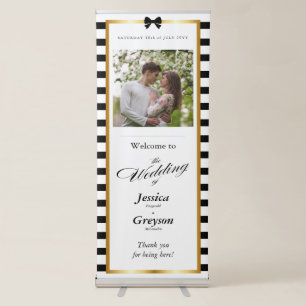 Elegant Black White Stripe Gold Frame Wedding Retractable Banner