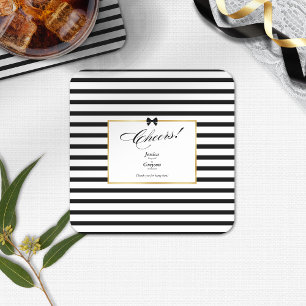 Elegant Black White Stripe Gold Frame Wedding Square Paper Coaster