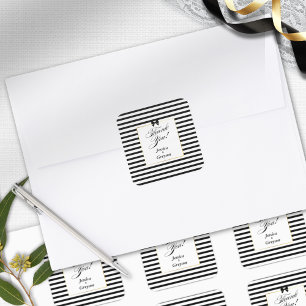 Elegant Black White Stripe Gold Frame Wedding Square Sticker