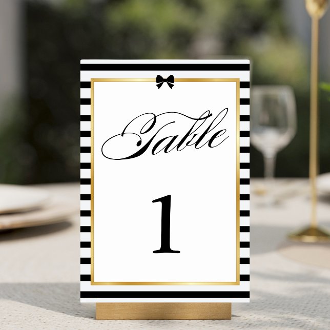 Elegant Black White Stripe Gold Frame Wedding Table Number (Creator Uploaded)
