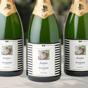 Elegant Black White Stripe Gold Frame Wedding Wine Sparkling Wine Label