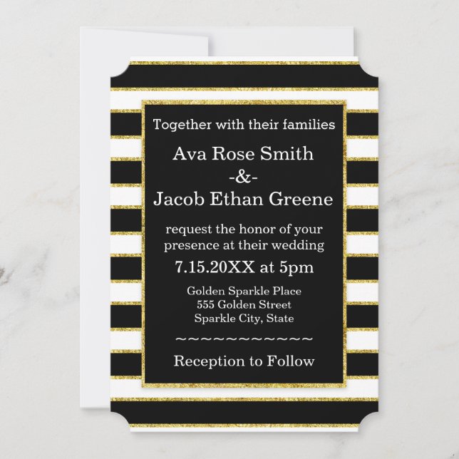 Elegant Black+White Stripe & Gold Sparkle Wedding Invitation (Front)