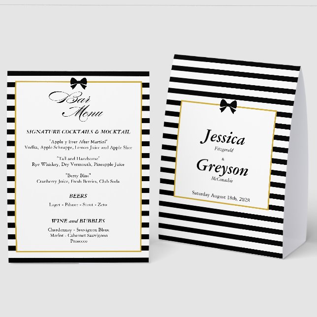 Elegant Black White Stripe Gold Wedding Bar Menu (Front/Back)