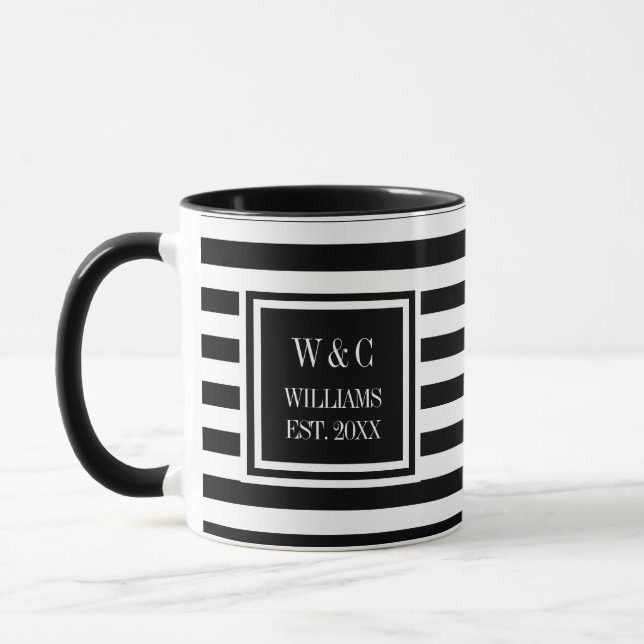 Elegant Black White Stripe Monogram Name Mug (Left)