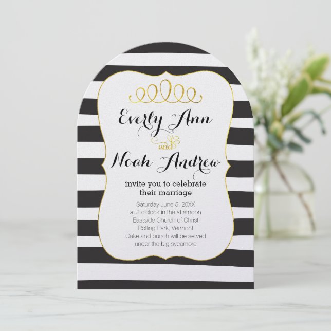 Elegant Black & White Stripe with Gold Wedding Invitation (Standing Front)