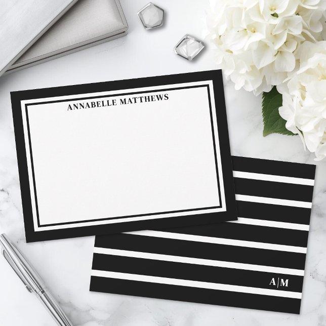 Elegant Black White Striped Monogram Card (Elegant Black White Striped Monogram Note Card )
