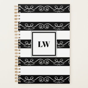 Elegant Black White striped Monogram Planner