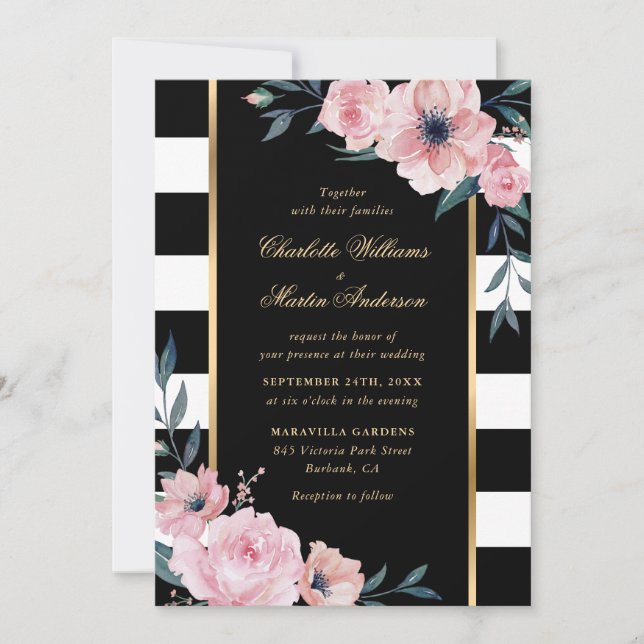 Elegant Black White Striped Pink Floral Wedding Invitation (Front)