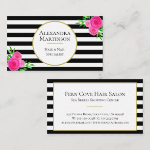 Elegant Black White Striped Pink Watercolor Floral Business Card