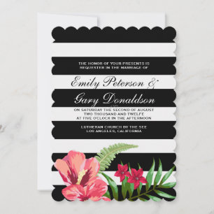 Elegant Black White Stripes And Hibiscus Wedding Invitation