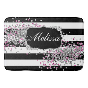 Elegant Black White Stripes Diamond Pink Bath Mat