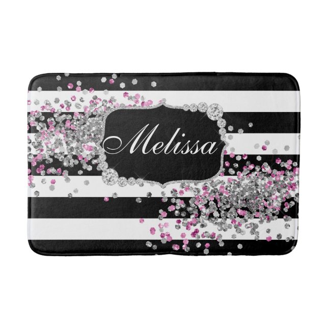 Elegant Black White Stripes Diamond Pink Bath Mat (Front)
