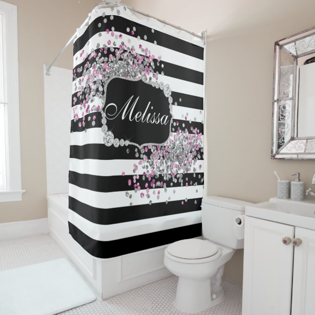 Elegant Black White Stripes Diamond Pink Sparkles  Shower Curtain (In Situ)