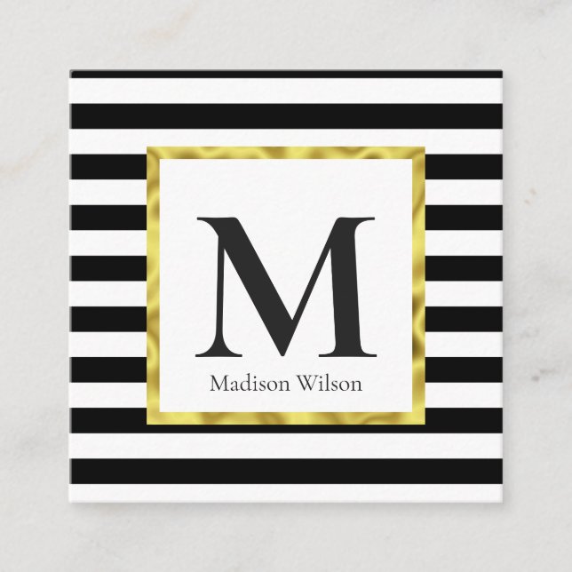 Elegant Black White Stripes Gold Border Monogamr Square Business Card (Front)