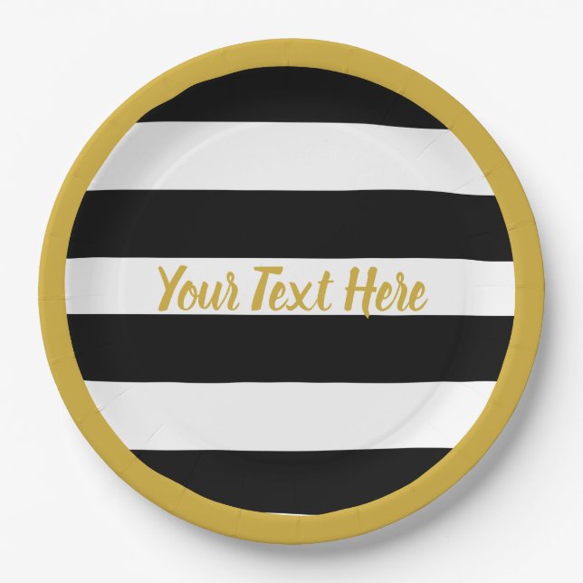 Elegant Black & White Stripes Gold Cursive Script Paper Plate (Front)