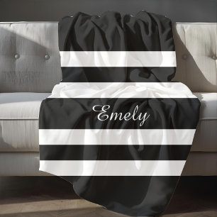 Elegant Black White Stripes Pattern Name Fleece Blanket