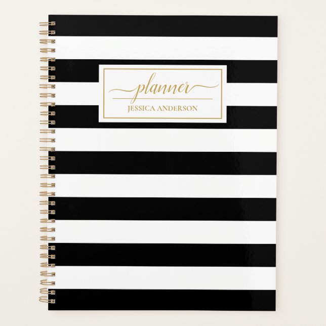 Elegant Black White Stripes Pattern Planner (Front)