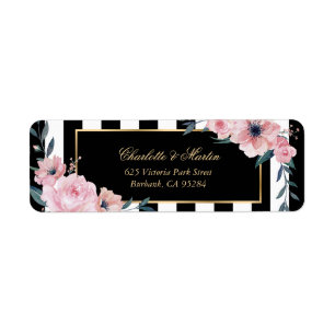 Elegant Black White Stripes Pink Floral Labels