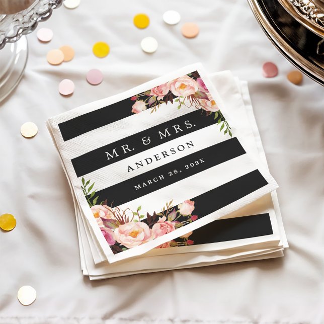 Elegant Black White Stripes Pink Floral Wedding Napkin (Creator Uploaded)