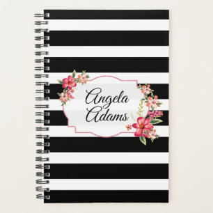 Elegant Black White Stripes Pink Glitter Frame Planner