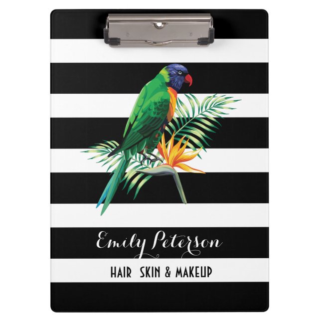 Elegant Black White Stripes With Bird And Fowers Clipboard (Front)