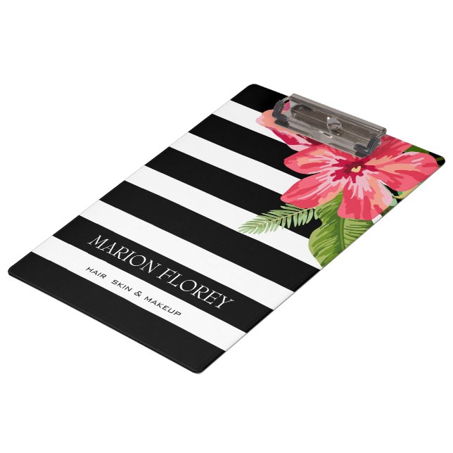 Elegant Black White Stripes With Exotic Flowers Clipboard (Angled)