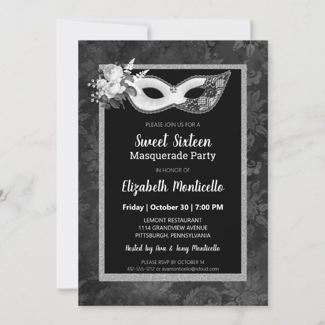 Elegant Black/White Sweet 16 Masquerade Party Invitation (Front)