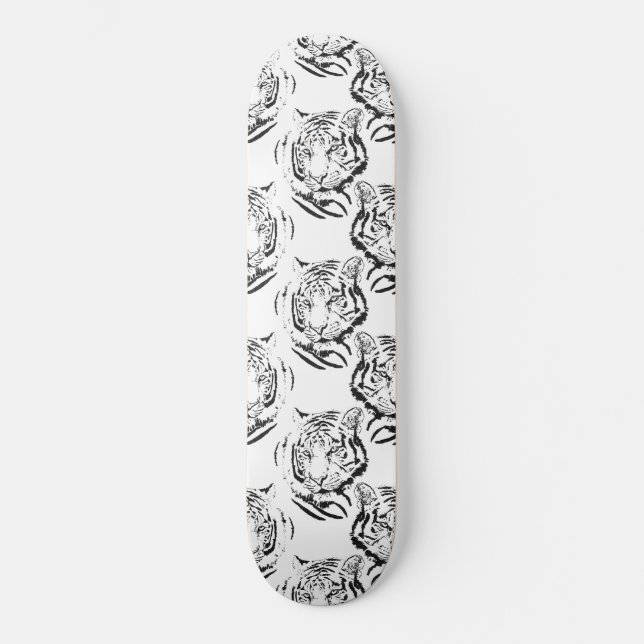 Elegant Black & White Tiger Head Print Design Skateboard (Front)