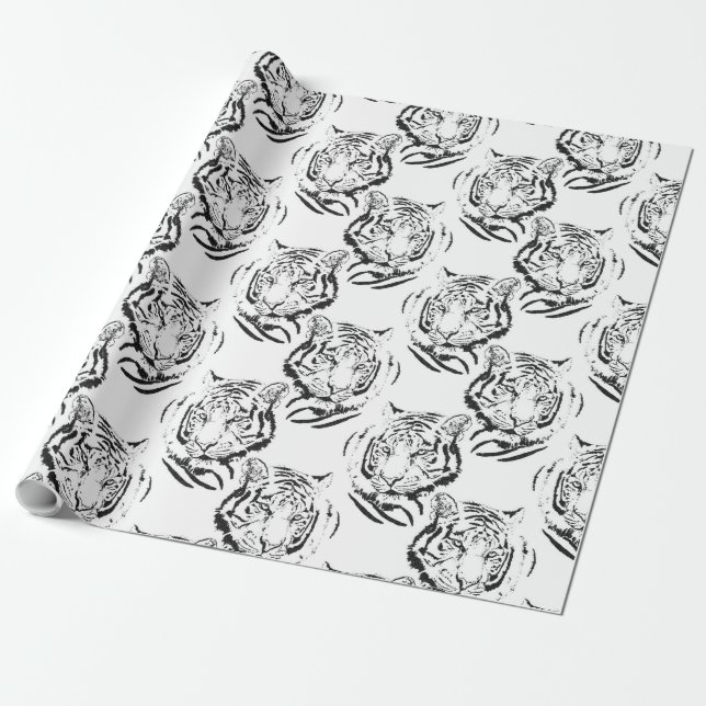 Elegant Black & White Tiger Head Print Design Wrapping Paper (Unrolled)