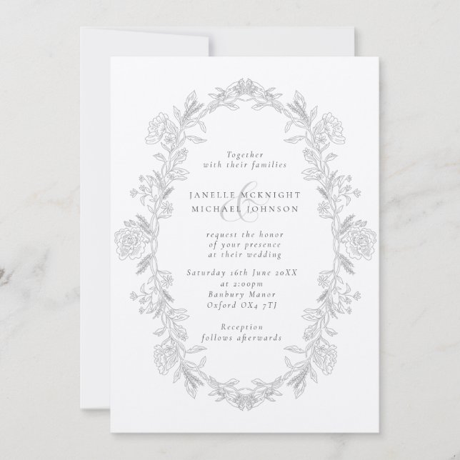 Elegant Black & White Toile Floral Wreath Wedding Invitation (Front)