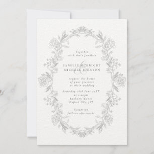 Elegant Black & White Toile Floral Wreath Wedding Invitation