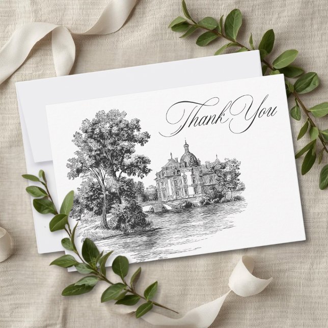 Elegant Black White Toile French Manor Wedding Thank You Card (Elegant Black White Toile French Manor Wedding Thank You Card)