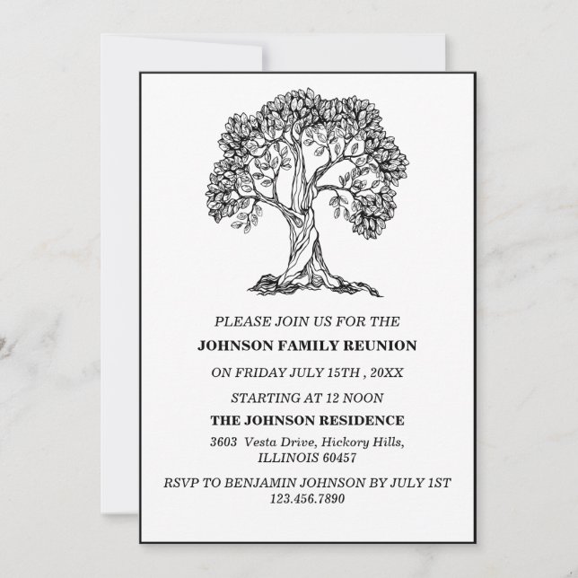 Elegant Black & White Tree Family Reunion Invitation (Front)