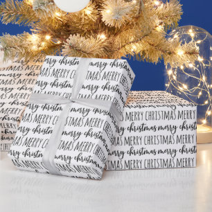 Elegant Black White Typography Merry Christmas Wrapping Paper