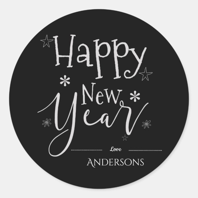 Elegant Black White Typography Name Happy New Year Classic Round Sticker (Front)