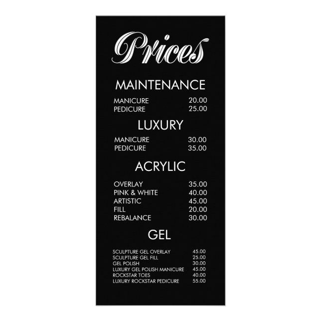 Elegant Black & White Typography Salon Menu Cards (Front)