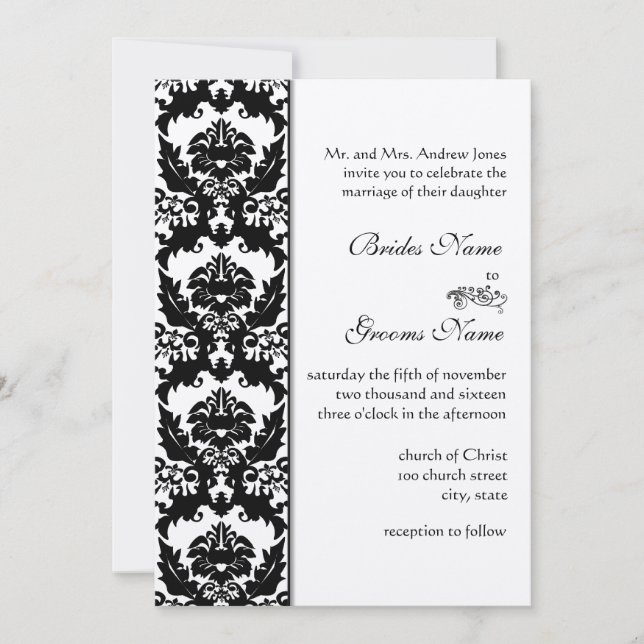 Elegant Black & White Victorian Damask Wedding  Invitation (Front)