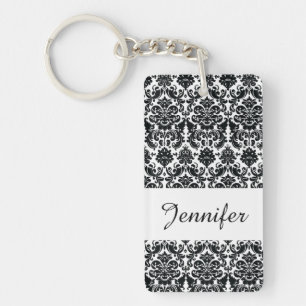 Elegant Black White Vintage Damask Pattern Key Ring